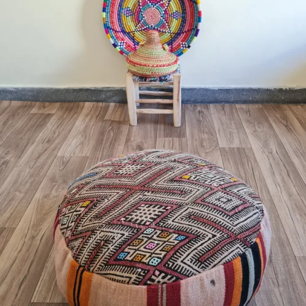 Round Moroccan Kilim Pouf – Handmade Vintage Floor Cushion