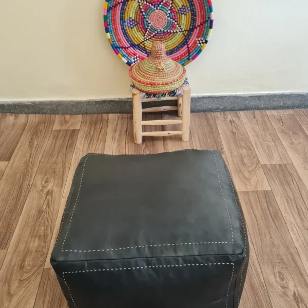 Black Moroccan Leather Pouf – Minimalist, Earthy & Artisan-Crafted