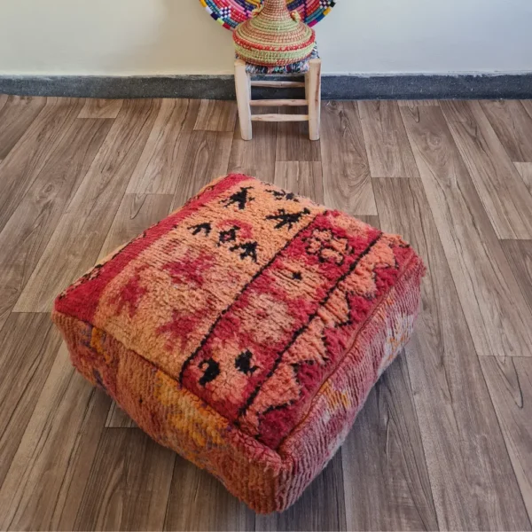Berber Moroccan Pouf – Red Orange Floor Cushion Made from Vintage Rug