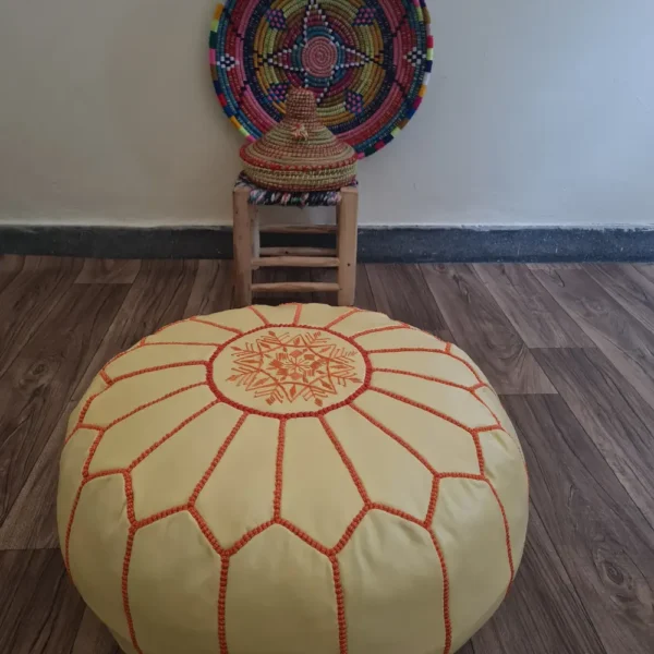 Cream & Orange Moroccan Leather Pouf – Warm & Unique