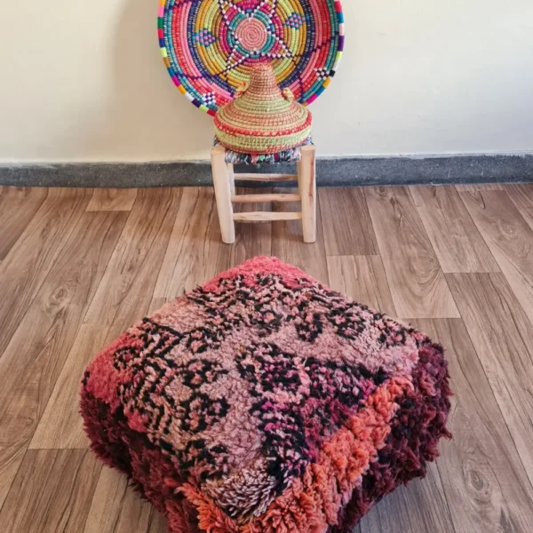 Shaggy Pink and Black Moroccan Pouf – Boho Floor Cushion