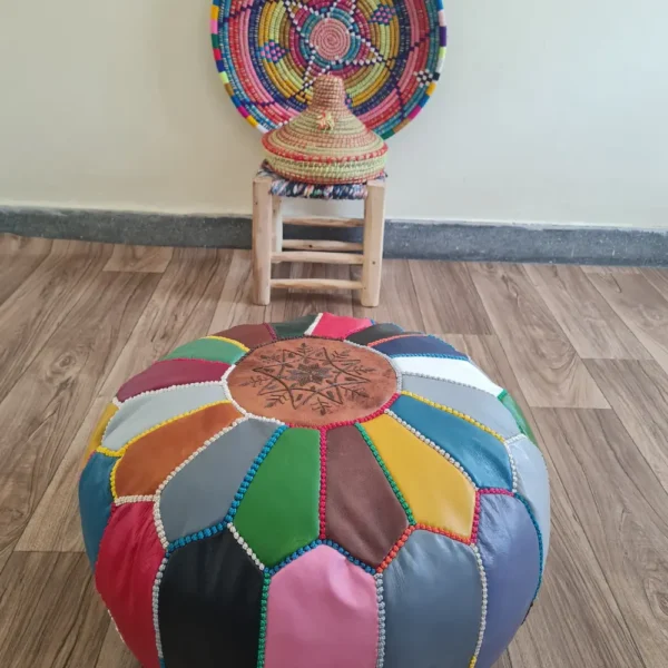 Multicolor Moroccan Leather Pouf – Handmade Patchwork Style