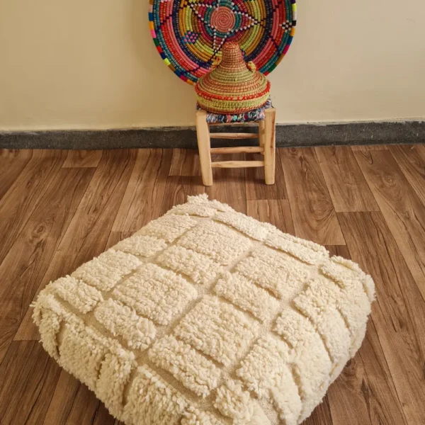 Moroccan Pouf – Cream with Subtle Raised Square Pattern