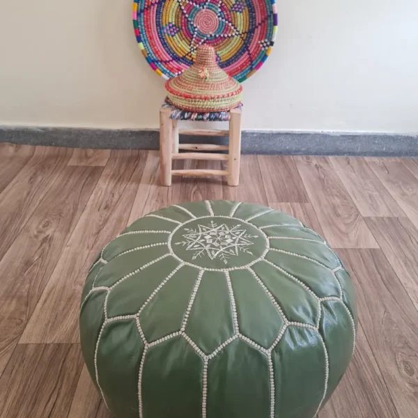 Olive Green Moroccan Leather Pouf – Nature-Inspired Decor