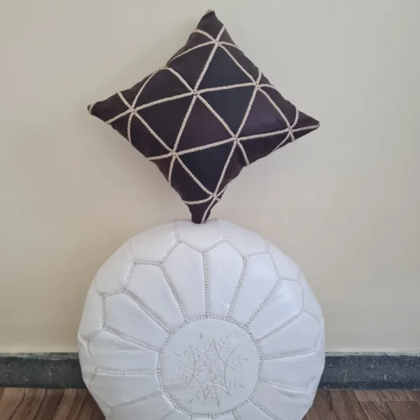 Dark brown Moroccan Leather Pillow – Geometric Hand-Stitched Cushion