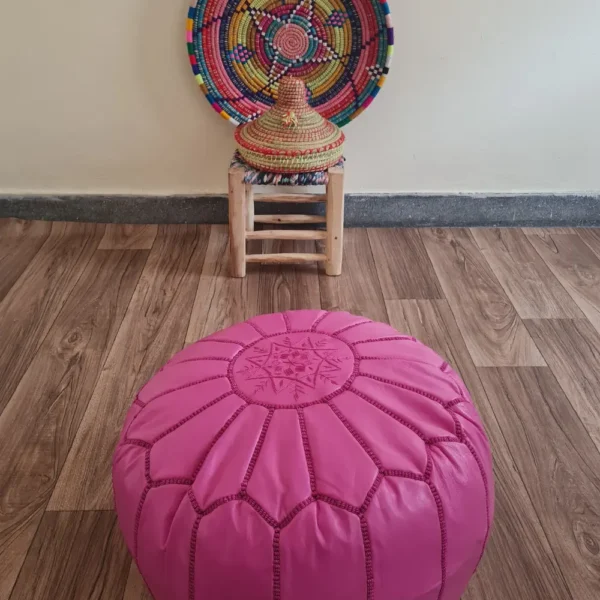 Pink Moroccan Leather Pouf – Feminine Boho Ottoman