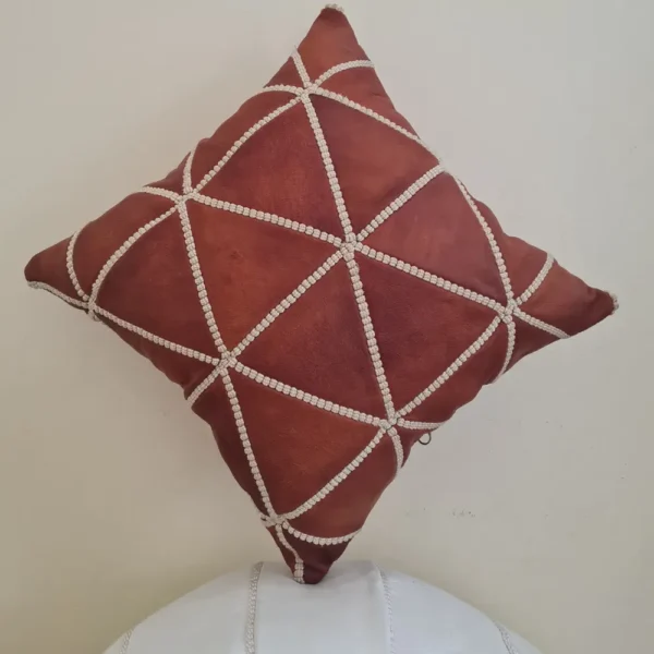 Brick Red Moroccan Leather Pillow – Geometric Diamond Pattern