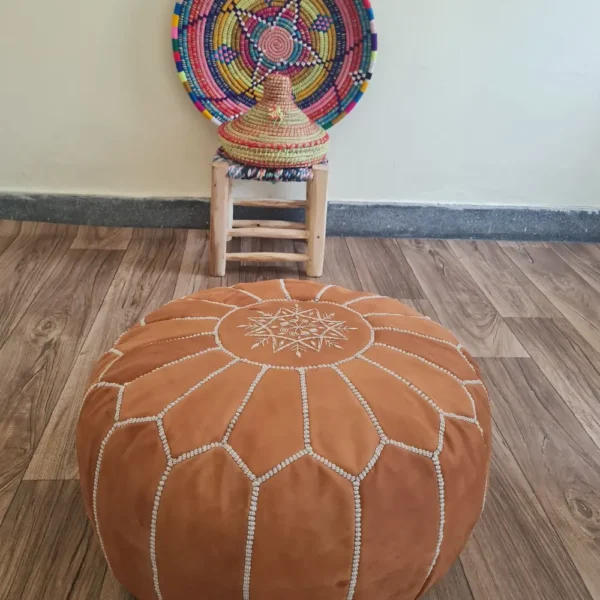 Brown Moroccan Leather Pouf – Neutral Sophistication