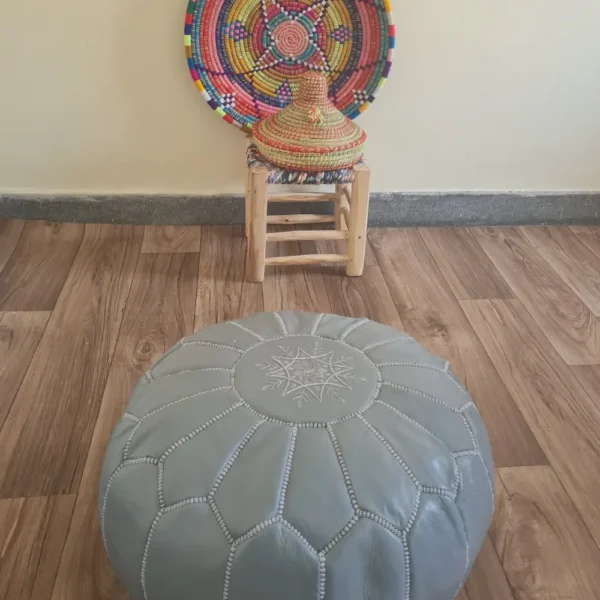 Gray Moroccan Leather Pouf – Neutral Sophistication