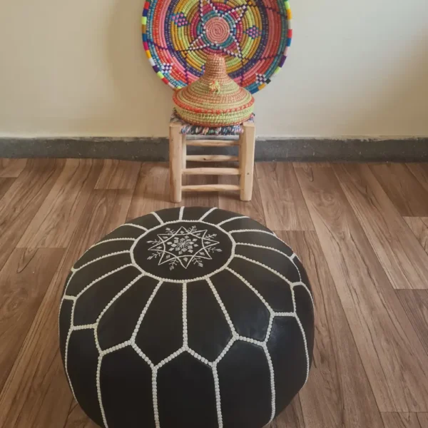 Authentic Moroccan Leather Pouf – Handmade Black Ottoman with White Embroidery
