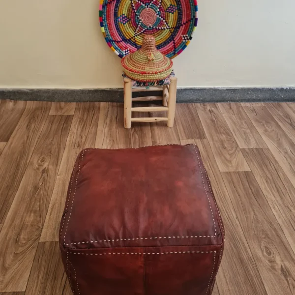 Brown Moroccan Leather Pouf – Minimalist, Earthy & Artisan-Crafted