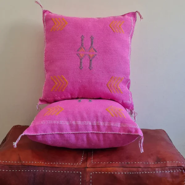 Set of 2 Fuchsia Pink Sabra Silk Pillows – Playful Moroccan Cushions with Yellow Arrows