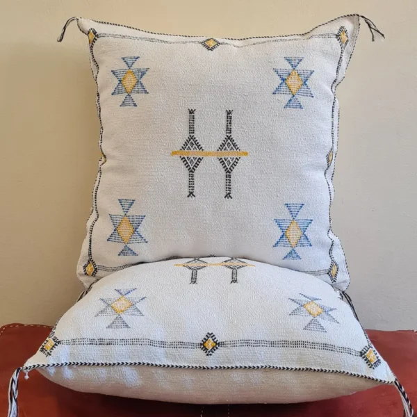 Set of 2 White Sabra Silk Pillows – Clean Moroccan Style with Yellow and Blue Symbols