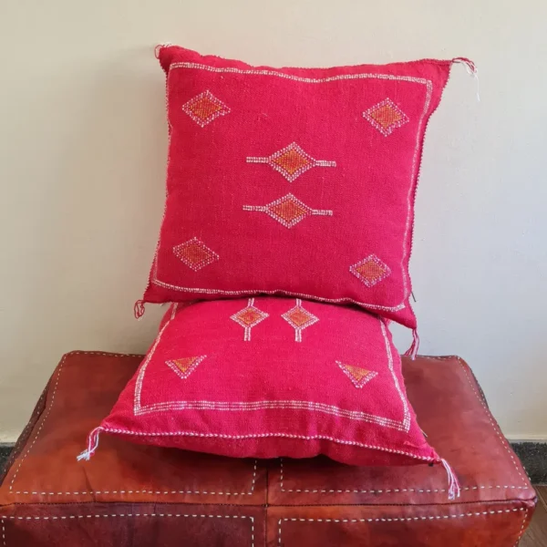 Set of 2 Red Sabra Silk Pillows – Bold Moroccan Cushions with Geometric Motifs