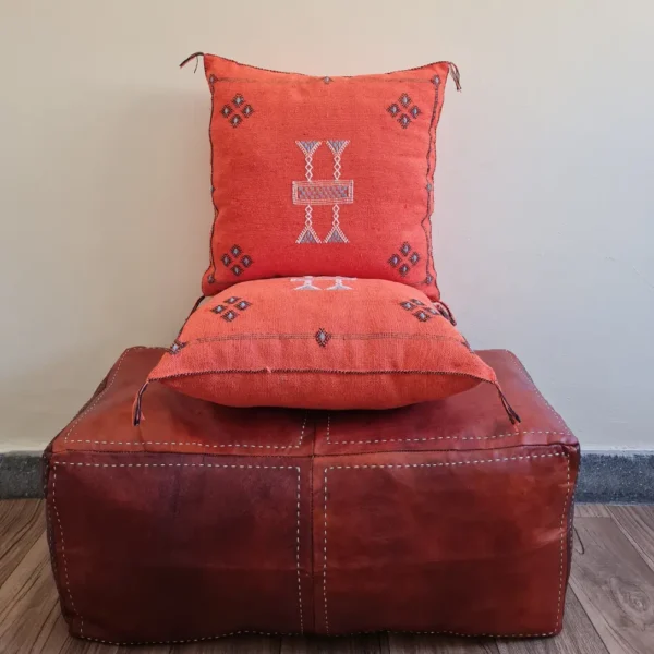 Set of 2 Orange Sabra Silk Pillows – Handmade Moroccan Covers with White Berber Embroidery