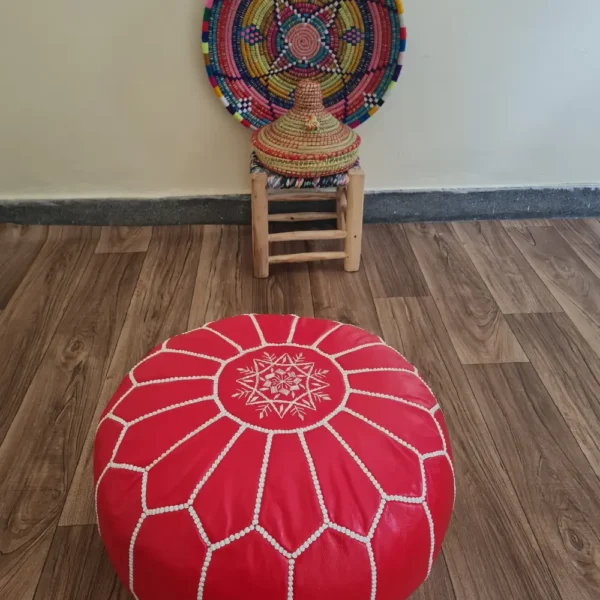 Red Moroccan Leather Pouf – Bold & Traditional Design