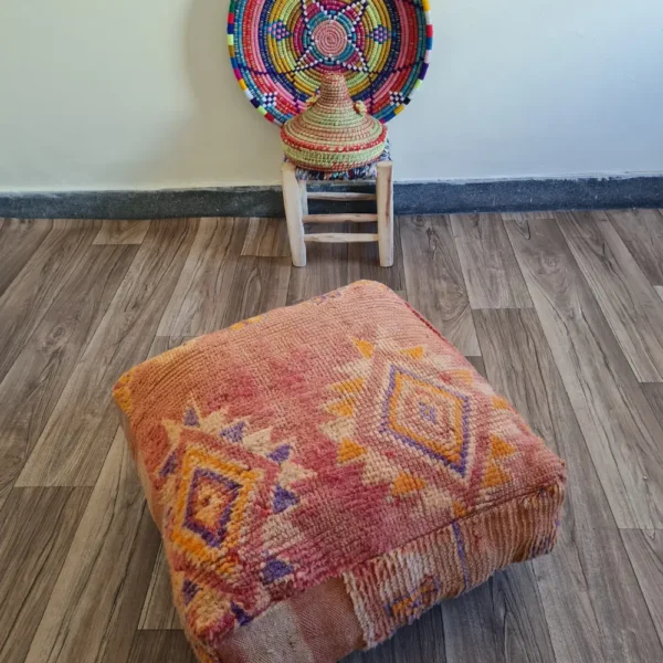 Vintage Moroccan Pouf – Orange with Diamond Motifs