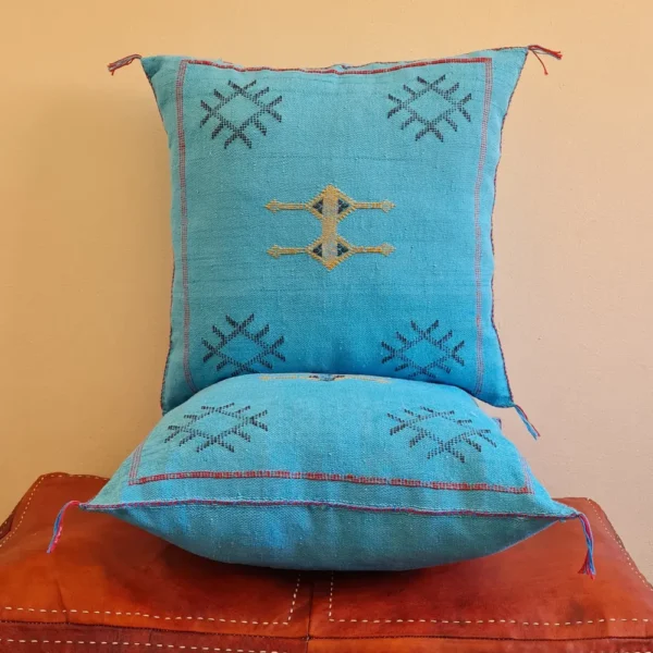 Set of 2 Turquoise Sabra Silk Pillows – Moroccan Handwoven Cushions with Blue Stitch Detailing