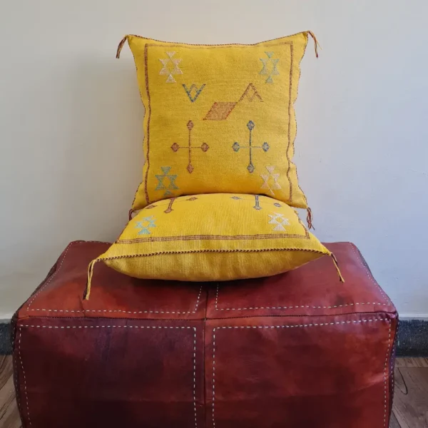 Set of 2 Yellow Sabra Silk Pillows – Handwoven Moroccan Cushions with Colorful Tribal Symbols
