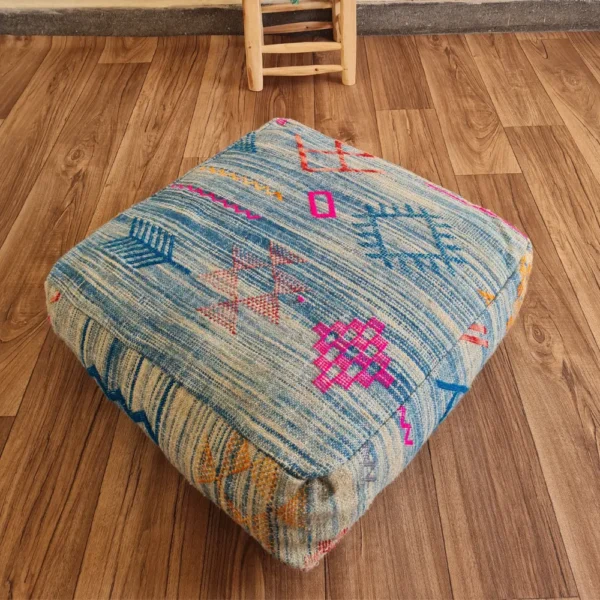 Moroccan Pouf – Light Blue with Traditional Accents