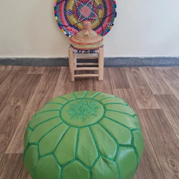 Green Moroccan Leather Pouf – Fresh & Vibrant Look