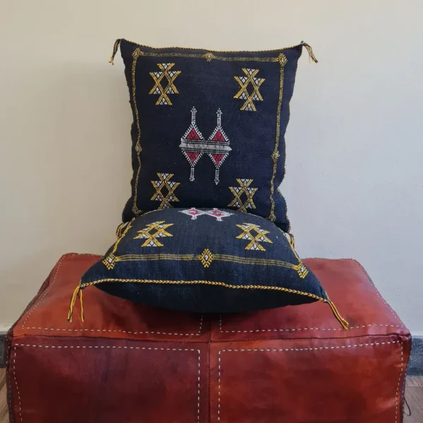 Set of 2 Black Sabra Silk Pillows with Yellow and Red Tribal Motifs – Handmade Moroccan Cushion Covers