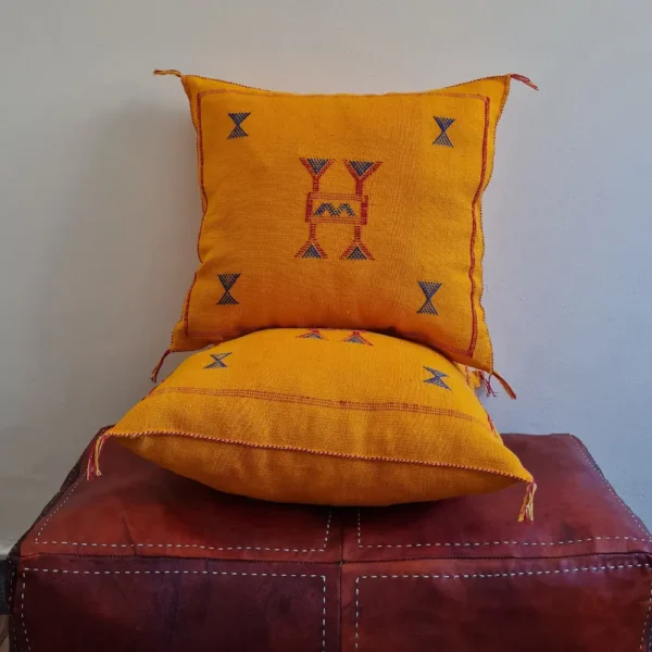 Set of 2 Deep Mustard Sabra Silk Pillows – Minimalist Moroccan Cushion Covers