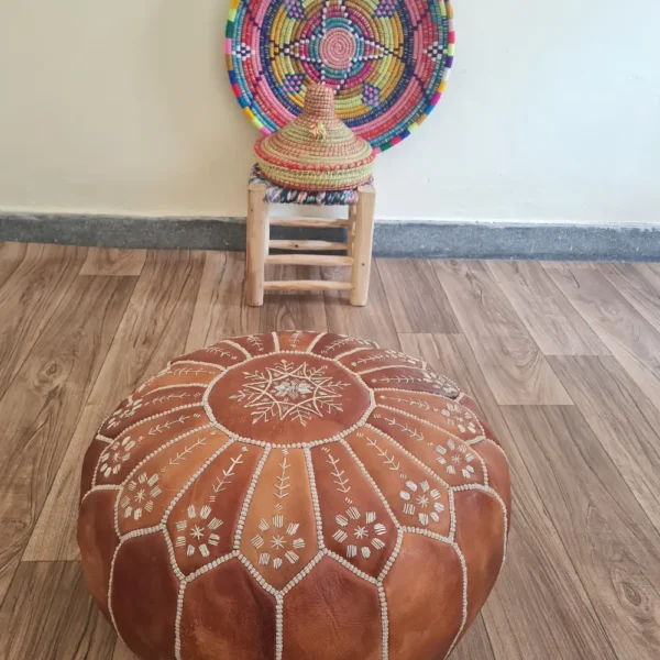 Burnt Orange Moroccan Leather Pouf – Floral Embroidery Accent