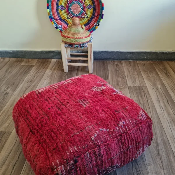 Deep Red Moroccan Pouf – Plush Handmade Square Ottoman