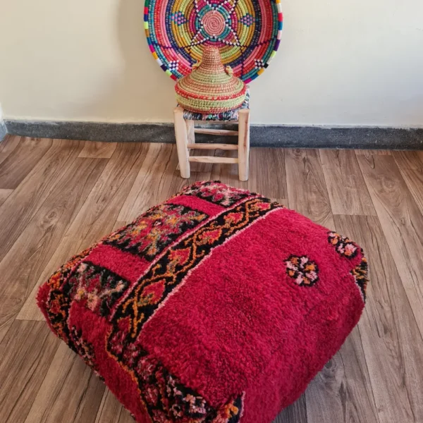 Red Amazigh Moroccan Pouf – Handmade Berber Floor Cushion