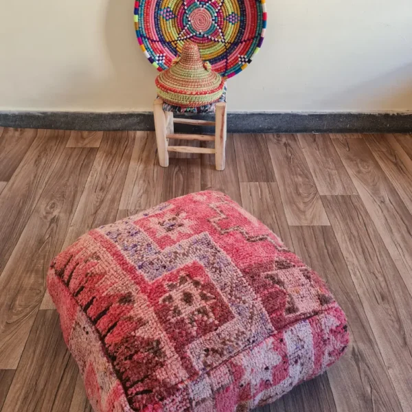 Vintage Moroccan Pouf – Pink with Geometric Patterns