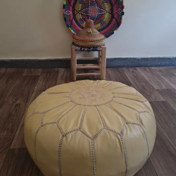 Beige Moroccan Leather Pouf – Elegant Simplicity with White Stitching